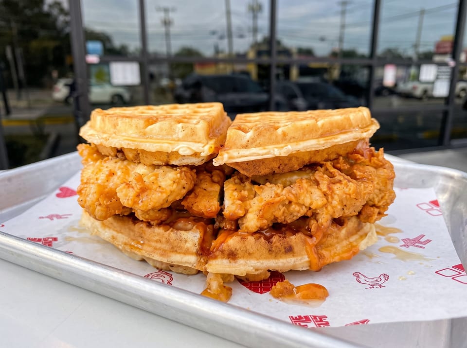Crispy fried chicken and waffles sandwich with syrup on a tray, with a blurred outdoor background.
