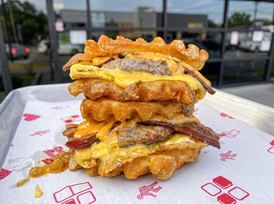 A towering breakfast sandwich with waffle buns, sausage, bacon, egg, and melted cheese.