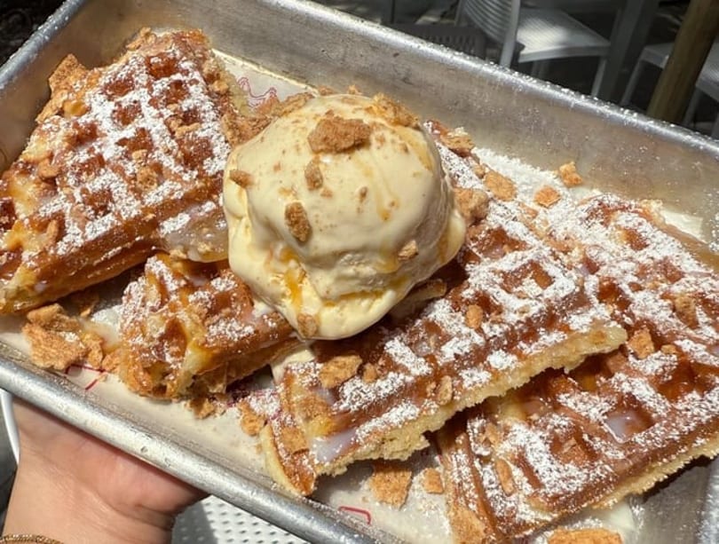 Waffles with powdered sugar, crumbled toppings, and a scoop of vanilla ice cream in a metal tray.