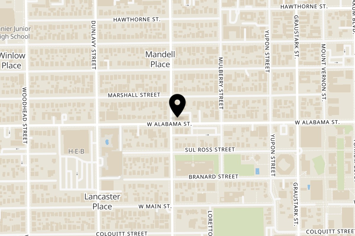 Map showing the location of The Waffle Bus Montrose Houston on 1540 W Alabama St #100 in Houston