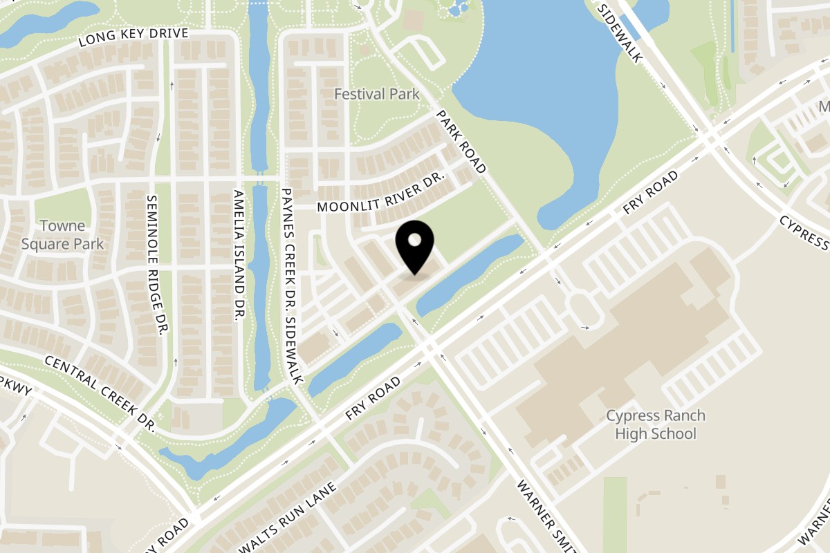 Map showing the location of The Waffle Bus Cypress TX on 10615 Fry Rd in Cypress