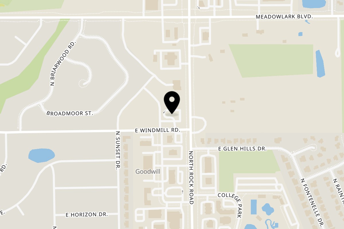 Map showing the location of The Waffle Bus Derby KS on 1301 N Rock Rd in Derby